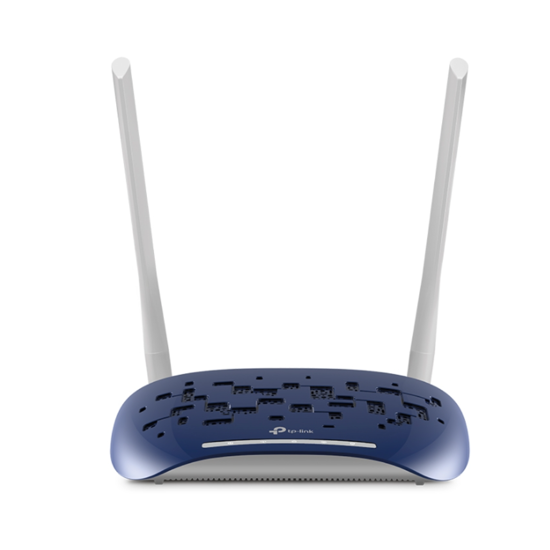 Wireless router with two antennas on a white background